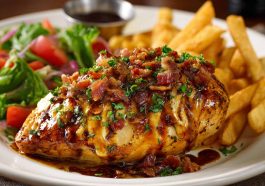 Juicy Alice Springs chicken topped with crispy bacon, melted cheese, and honey mustard sauce, inspired by Outback Steakhouse, served on a plate.