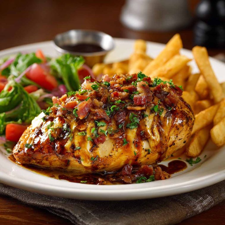 Juicy Alice Springs chicken topped with crispy bacon, melted cheese, and honey mustard sauce, inspired by Outback Steakhouse, served on a plate.