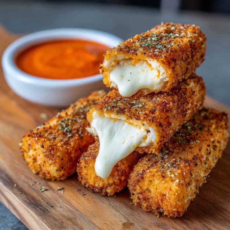 Golden crispy buffalo chicken mozzarella sticks served with ranch dipping sauce and sprinkled with fresh parsley.
