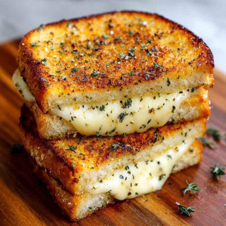 “Golden grilled cheese sandwich made with garlic bread, oozing melted cheese, served on a wooden board.”