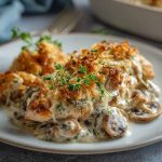 Creamy baked chicken stroganoff casserole with mushrooms, onions, and golden cheese topping served in a rustic dish.