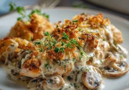 Creamy baked chicken stroganoff casserole with mushrooms, onions, and golden cheese topping served in a rustic dish.