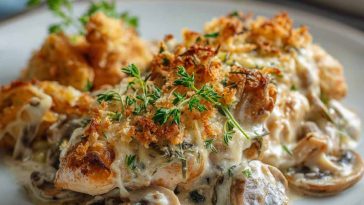 Creamy baked chicken stroganoff casserole with mushrooms, onions, and golden cheese topping served in a rustic dish.