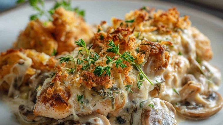 Creamy baked chicken stroganoff casserole with mushrooms, onions, and golden cheese topping served in a rustic dish.