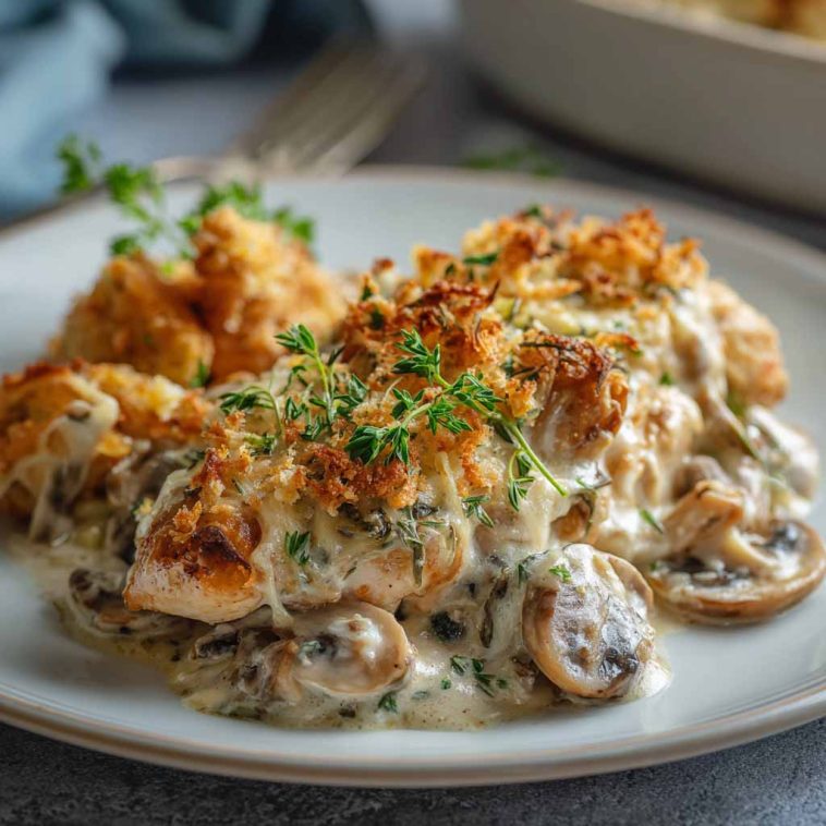 Creamy baked chicken stroganoff casserole with mushrooms, onions, and golden cheese topping served in a rustic dish.