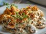 Creamy baked chicken stroganoff casserole with mushrooms, onions, and golden cheese topping served in a rustic dish.