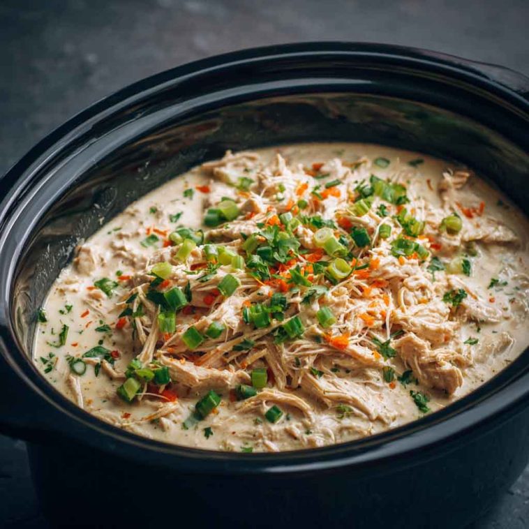 “Creamy ranch chicken cooked in a crock pot, served over rice with fresh parsley garnish.”