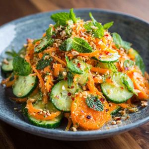 Asian carrot and cucumber salad with sesame seeds, fresh herbs, and sesame-soy dressing in a bowl.