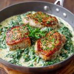 Boneless pork chops in creamy garlic spinach sauce served in a skillet