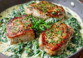 Boneless pork chops in creamy garlic spinach sauce served in a skillet