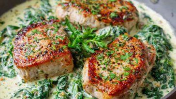 Boneless pork chops in creamy garlic spinach sauce served in a skillet
