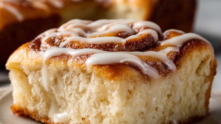 Golden cinnamon roll focaccia topped with icing drizzle on a baking tray