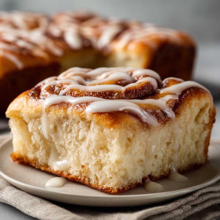 Golden cinnamon roll focaccia topped with icing drizzle on a baking tray
