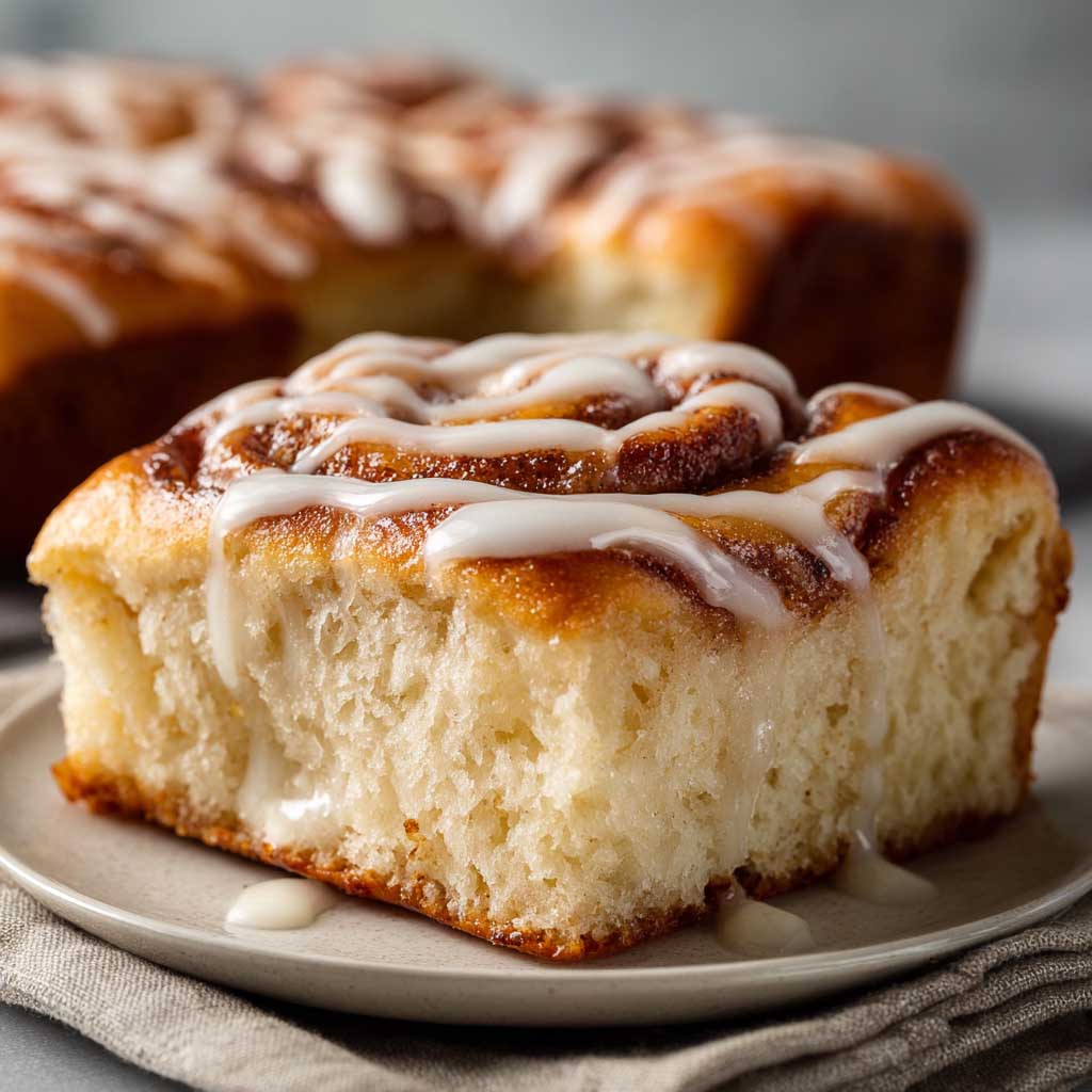 Golden cinnamon roll focaccia topped with icing drizzle on a baking tray