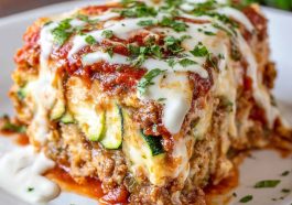 Cheesy zucchini pizza casserole baked with layers of zucchini, tomato sauce, melted cheese, and toppings.