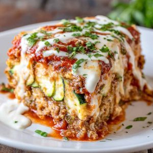 Cheesy zucchini pizza casserole baked with layers of zucchini, tomato sauce, melted cheese, and toppings.