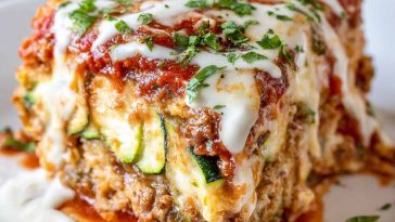 Cheesy zucchini pizza casserole baked with layers of zucchini, tomato sauce, melted cheese, and toppings.