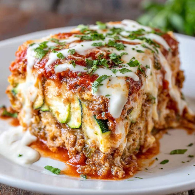 Cheesy zucchini pizza casserole baked with layers of zucchini, tomato sauce, melted cheese, and toppings.