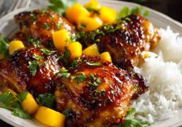 Asian mango glazed chicken coated in a glossy sweet and savory sauce, garnished with herbs and sesame seeds.