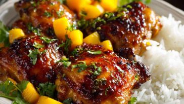 Asian mango glazed chicken coated in a glossy sweet and savory sauce, garnished with herbs and sesame seeds.