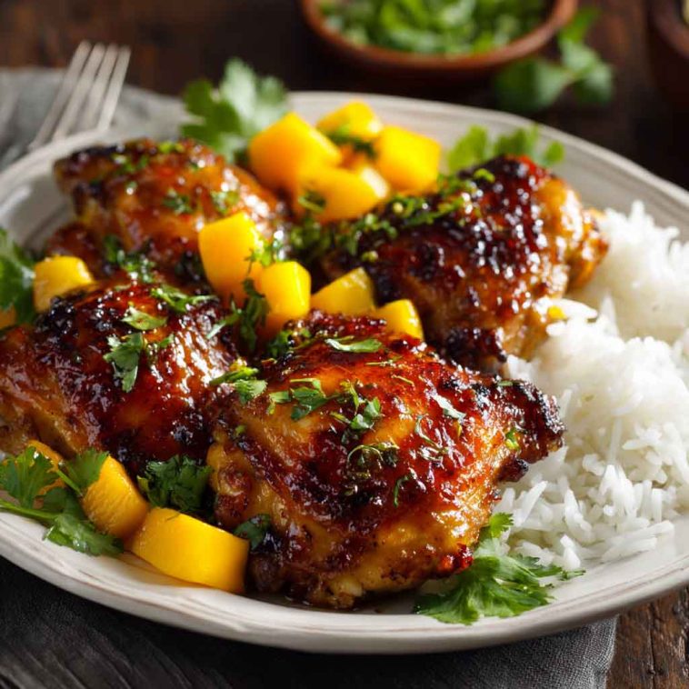 Asian mango glazed chicken coated in a glossy sweet and savory sauce, garnished with herbs and sesame seeds.