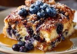 A golden-baked blueberry French toast casserole topped with fresh blueberries, powdered sugar, and drizzled with syrup, served in a baking dish.