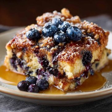 A golden-baked blueberry French toast casserole topped with fresh blueberries, powdered sugar, and drizzled with syrup, served in a baking dish.