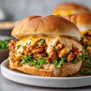 Cajun chicken sloppy joes topped with creamy cheese sauce served on a toasted bun.