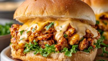 Cajun chicken sloppy joes topped with creamy cheese sauce served on a toasted bun.