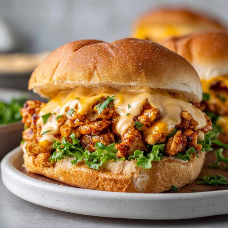 Cajun chicken sloppy joes topped with creamy cheese sauce served on a toasted bun.
