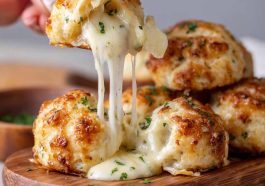 Golden biscuit bombs stuffed with melted mozzarella cheese, brushed with garlic butter and herbs.