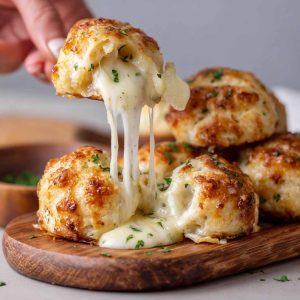 Golden biscuit bombs stuffed with melted mozzarella cheese, brushed with garlic butter and herbs.