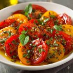 Marinated tomatoes with herbs, garlic, and olive oil in a fresh, flavorful dressing.