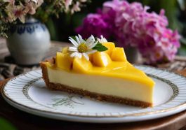 A golden tart shell filled with smooth mango curd, topped with fresh mango slices and mint leaves, served on a white plate.