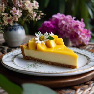 A golden tart shell filled with smooth mango curd, topped with fresh mango slices and mint leaves, served on a white plate.