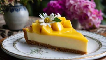 A golden tart shell filled with smooth mango curd, topped with fresh mango slices and mint leaves, served on a white plate.