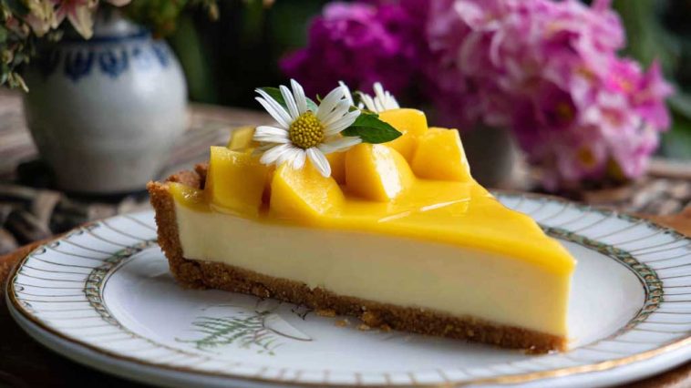 A golden tart shell filled with smooth mango curd, topped with fresh mango slices and mint leaves, served on a white plate.