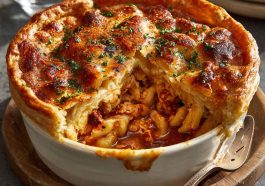 Cheesy pizza pot pie with layers of sauce, toppings, and golden crust.