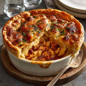 Cheesy pizza pot pie with layers of sauce, toppings, and golden crust.