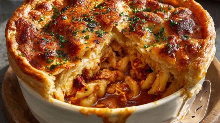 Cheesy pizza pot pie with layers of sauce, toppings, and golden crust.