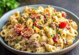 A hearty skillet of creamy loaded cheeseburger Alfredo pasta topped with melted cheese, ground beef, crispy bacon, and fresh parsley.