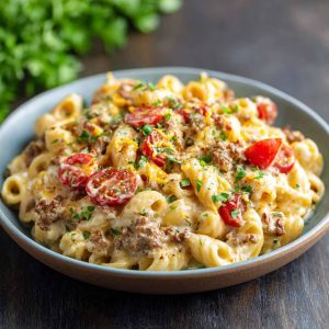 A hearty skillet of creamy loaded cheeseburger Alfredo pasta topped with melted cheese, ground beef, crispy bacon, and fresh parsley.
