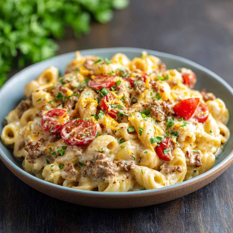 A hearty skillet of creamy loaded cheeseburger Alfredo pasta topped with melted cheese, ground beef, crispy bacon, and fresh parsley.