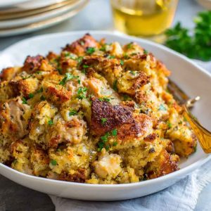 Baked chicken and stuffing casserole with a creamy texture and golden top.