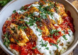 Cottage cheese chicken parm bowl with tomato sauce and melted Parmesan