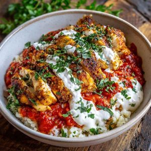 Cottage cheese chicken parm bowl with tomato sauce and melted Parmesan