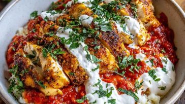 Cottage cheese chicken parm bowl with tomato sauce and melted Parmesan
