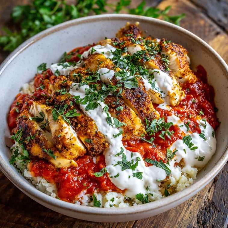 Cottage cheese chicken parm bowl with tomato sauce and melted Parmesan