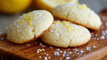 A plate of golden lemon sugar cookies sprinkled with sugar crystals, garnished with lemon zest and served on a rustic white dish.
