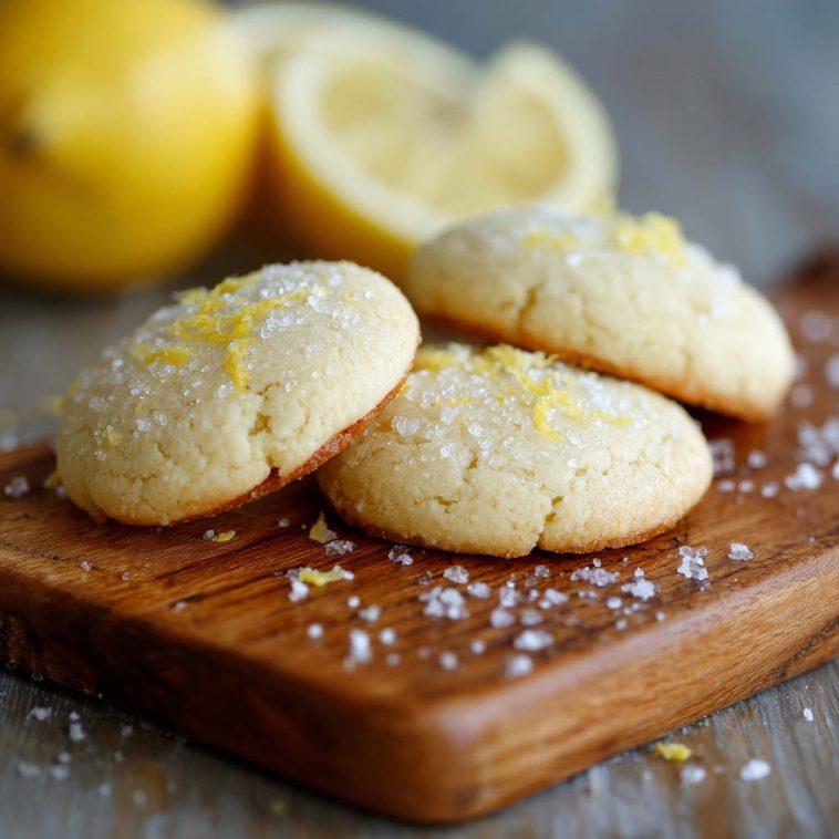 A plate of golden lemon sugar cookies sprinkled with sugar crystals, garnished with lemon zest and served on a rustic white dish.
